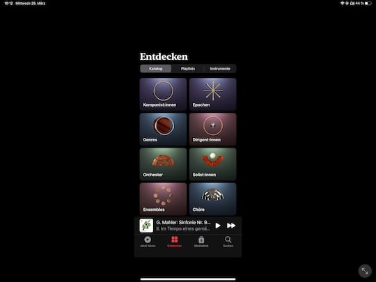 Nicht angepasste Apple-Music-Classical-App auf einem iPad Pro