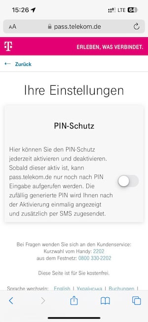 Der PIN-Schutz bei Nutzung von Original Telekom.