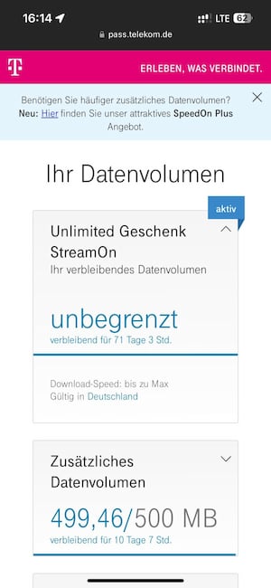Die Leitseite datapass.de oder pass.telekom.de bei einem Original-Telekom-Vertrag.