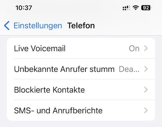 Live-Voicemail im Konfigurationsmen fr die Telefon-App