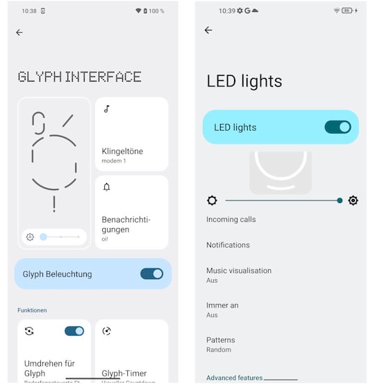 Einstellungsoptionen der Glyph-Beleuchtung: Nothing Phone (2) und Unihertz Luna