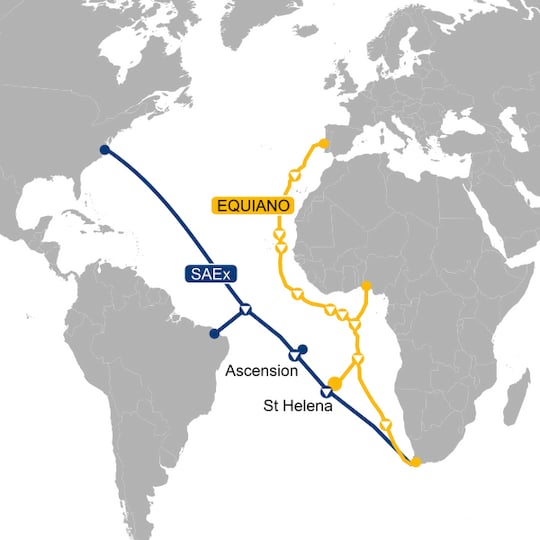 St. Helena ist ber das Equiano-Glasfaser-Kabel (gelb) angeschlossen