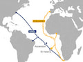 St. Helena ist ber das Equiano-Glasfaser-Kabel (gelb) angeschlossen