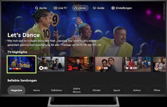 Die Home-Seite der HD+-TV-App zeigt TV-Highlights an. Darber hinaus knnen die Programminhalte auch gefiltert werden.