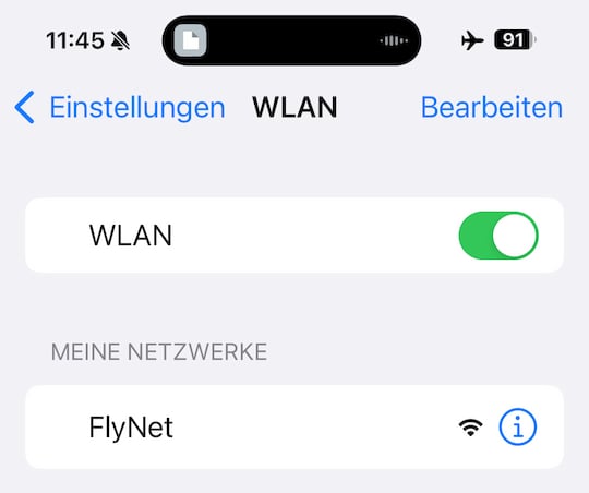 FlyNet in der Netzwerkliste am iPhone 15 Pro Max