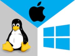 Im Uhrzeigersinn: Die Logos der Betriebssysteme macOS, Windows und Linux