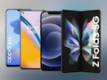 V.l.n.r.: Einsteiger (Oppo A16), Mittelklasse (OnePlus Nord 2 5G), Oberklasse (iPhone 12) und Foldable (Galaxy Z Fold 3 5G)